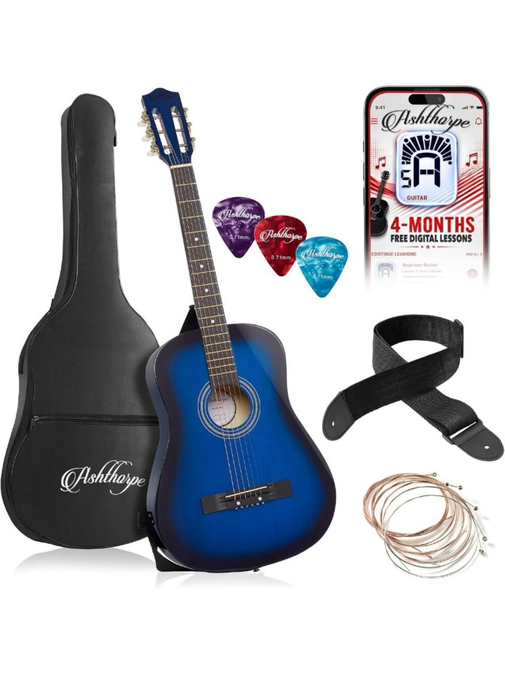 Beginner Acoustic Guitar Kit 38" - Blue, Gig Bag, Extra Strings, Strap & Picks